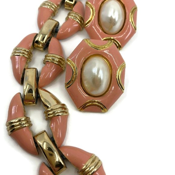 Donald Stannard Bracelet and Earring Set Gold with Coral Enamel and Faux Pearl, - Picture 9 of 10